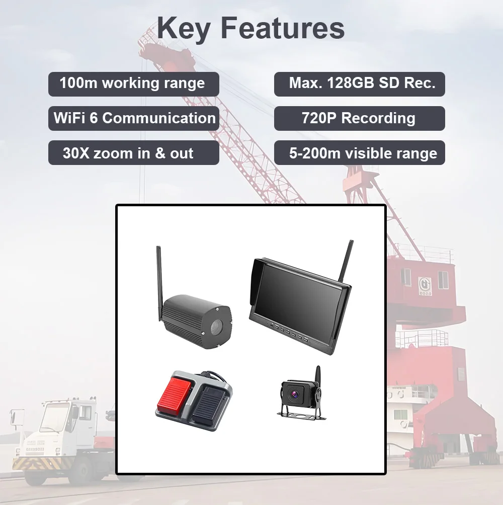 Wireless Crane Camera System With BSD Alarm Foot Pedal 30X Zoom Control DVR Monitor Winch Camera For Truck Hook