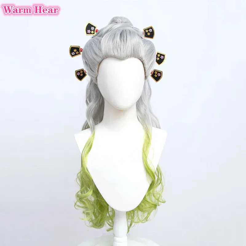 90cm Long Daki Synthetic Anime Silver Gradiented Green Curly With Headwear Heat Resistant Hair Halloween Party Role Play Wigs
