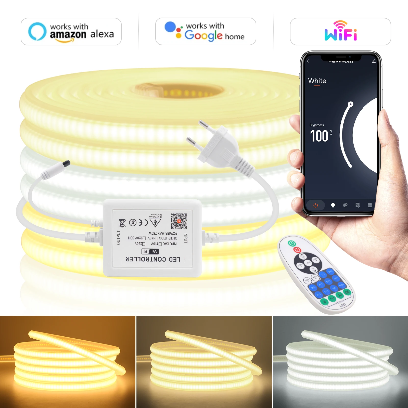 Tuya Smart WIFI 220V 10 Colors COB LED Strip Light Waterproof Tape Flexible Neon LED Light APP Control Support Alexa Google Home