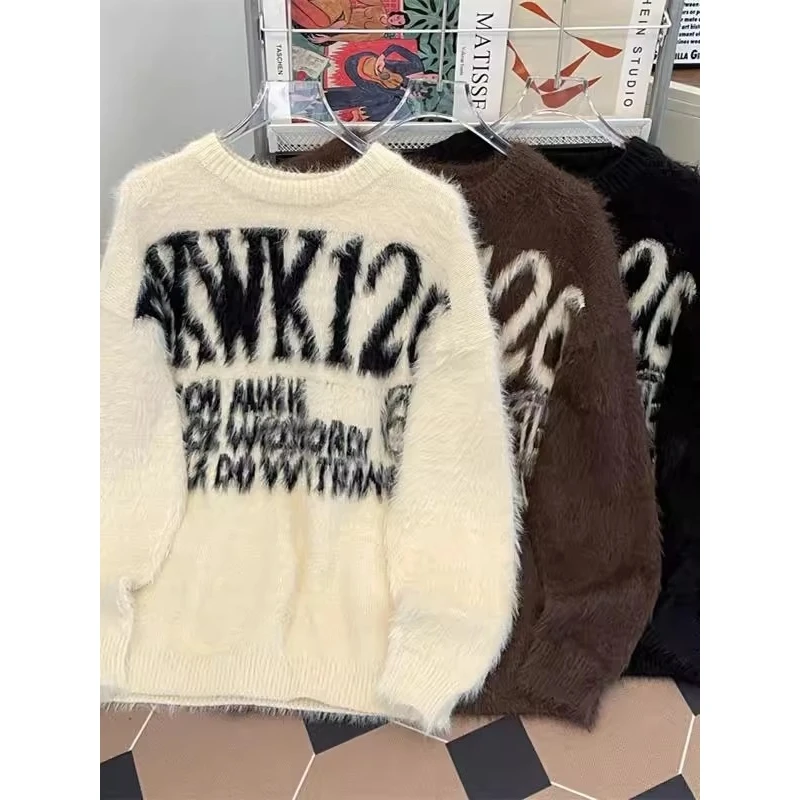 

Мужской вязаный свитер свободного кроя большого размера (до 250 фунтов), с круглым вырезом, повседневный, теплый, из полиэфирного волокна, для весенне-осеннего сезона