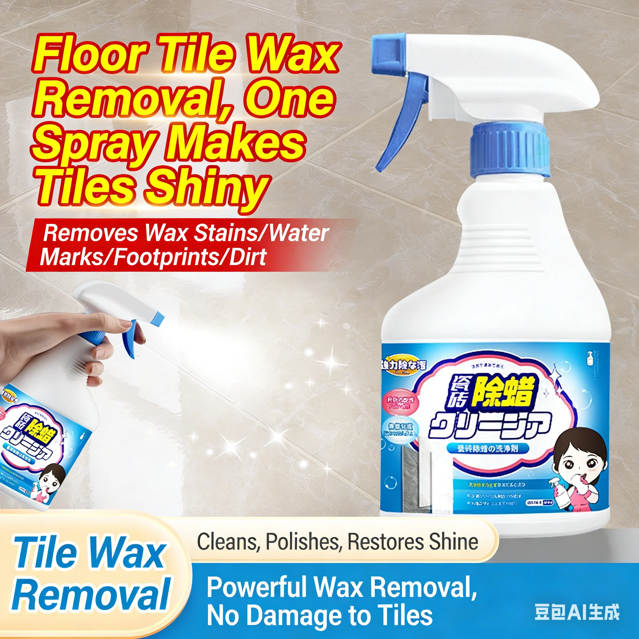 Tile wax remover, specially designed for cleaning and brightening the surface of floor tiles,for scrubbing softening the floor