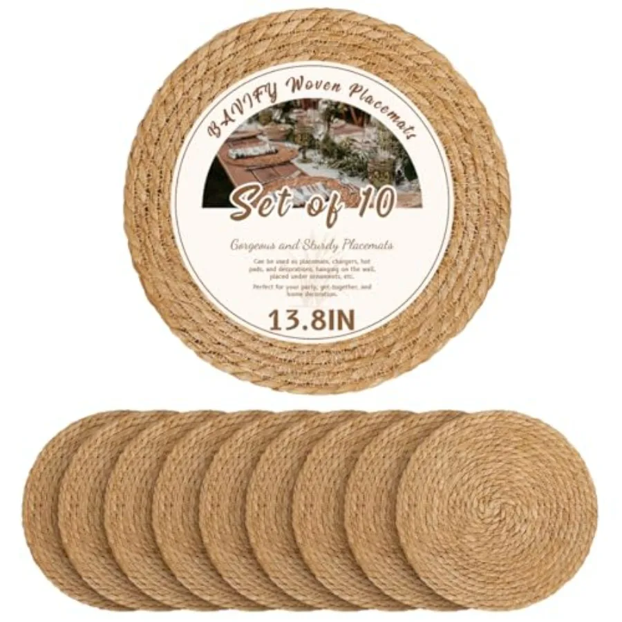 

13.8 in Round Woven Placemats Set of 10 Rattan Wicker Table Mats for Dinner Plates Boho Farmhouse Rustic Dining Table Decor Nat