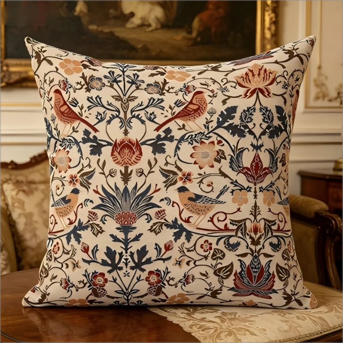 William Morris Style Bird Floral Print Throw Pillow Cover, Vintage Cottagecore Botanical Decorative Cushion