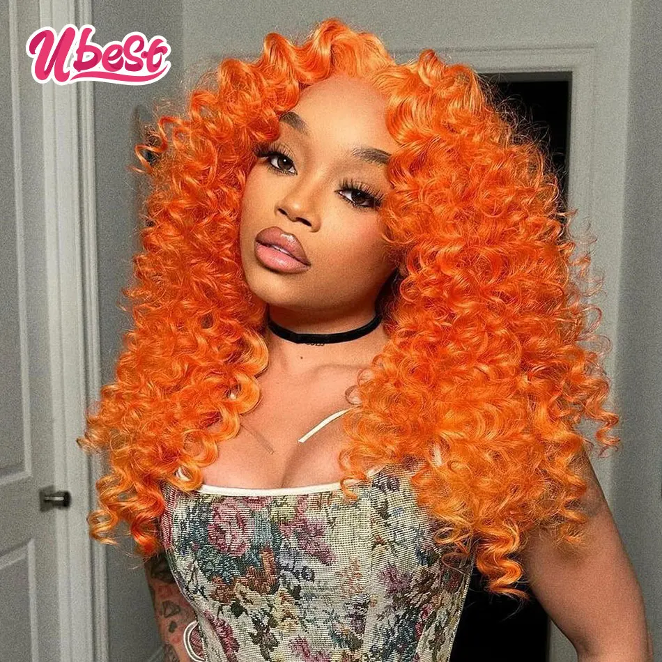 

Ubest Orange Cosplay 613 Colored 13X6 Curly Transparent Lace Front Wigs Human Hair 180％ Density Brazilian Hair Remy Hair wig