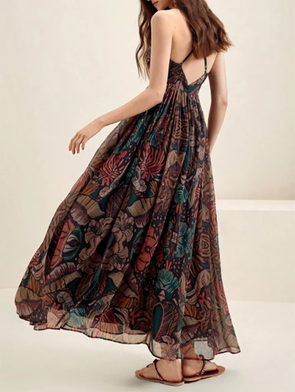 فستان نسائي صيفي بحزام سباغيتي برقبة على شكل حرف V مثير بدون ظهر مزين بالزهور فستان ماكسي لحفلات الشاطئ بوهو