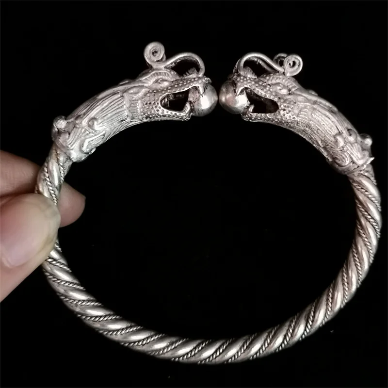 MaiChuang/Handmade/Old Tibetan Silver Antique Erlong Playing Bead Filigree Bangles Personality Fashion Accessories MenWomen Gift