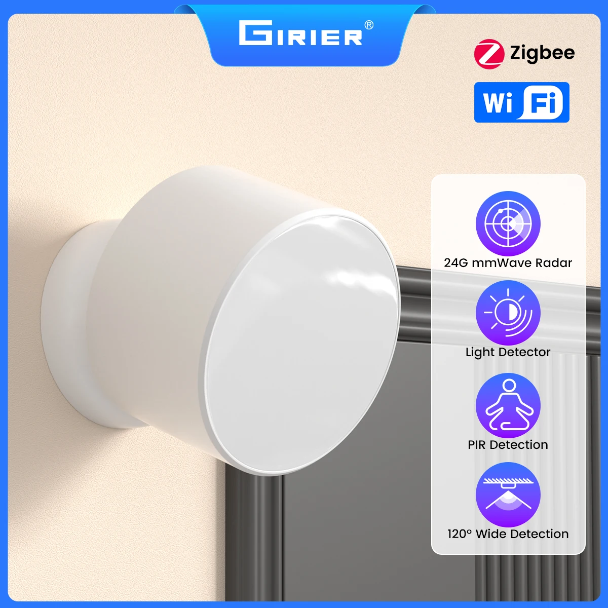 GIRIER Tuya ZigBee 3.0 Human Presence Sensor 24GHz mmWave Radar Detection 3-in-1 PIR Light Detector for Home Automation System