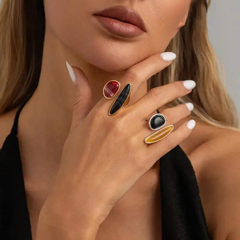 Modischer Unregelmäßiger Edelsteinring, Einzigartiger Verstellbarer Leichter Luxus-Ring im Retro-Geometrischen Design, Schmuck, Urlaubsaccessoire, Geschenk – Detail 5