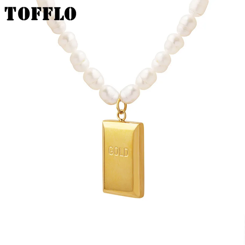 

TOFFLO Stainless Steel Jewelry Geometric Small Square Brick Pendant Chain Freshwater Pearl Necklace BSP1292
