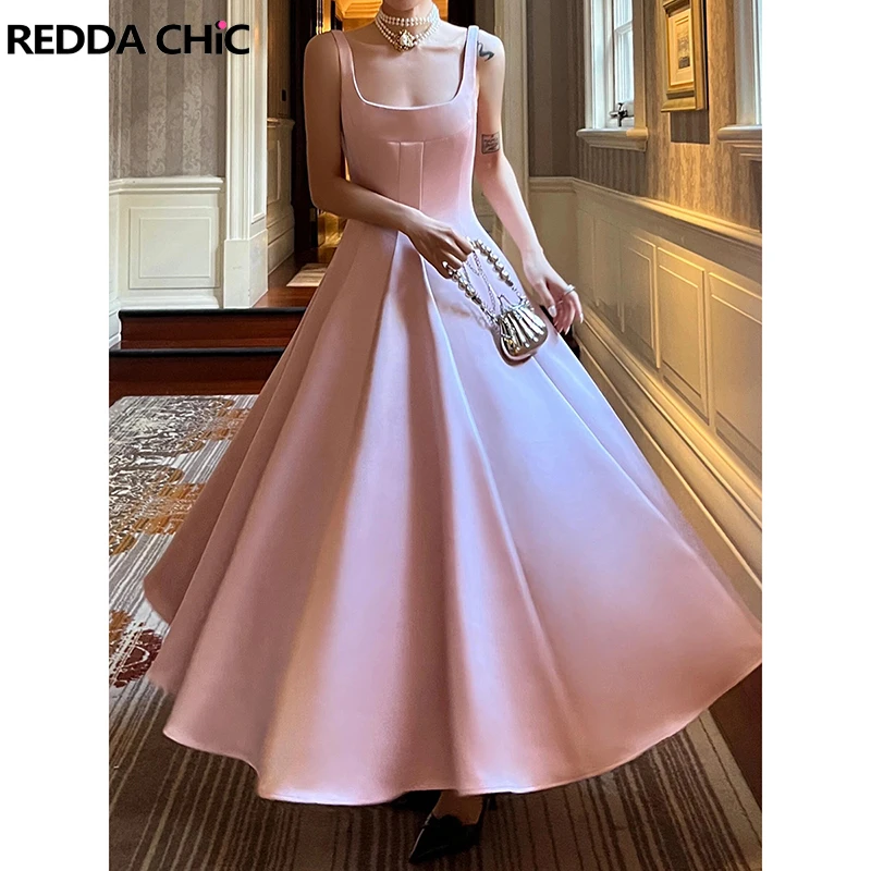 

Женское Пышное Платье принцессы ReddaChic, розовое однотонное холщовое длинное платье-чехол с квадратным вырезом и оборками, элегантное вечернее бальное платье