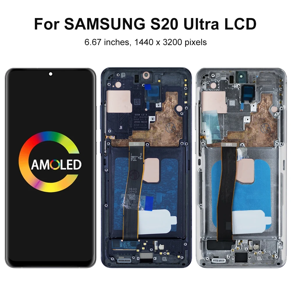 S20 Ultra Super AMOLED Screen Assembly Replacement for Samsung Galaxy S20 Ultra 5G G988B/DS LCD Display Touch Screen with Frame