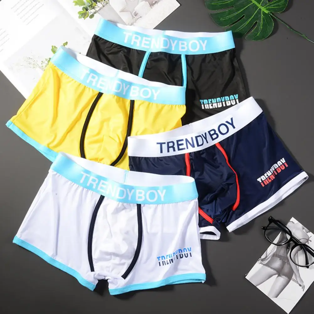 Men Boxers Color Matching Letter Print Breathable Stretchy Underwear Soft Ice Silk Cooling U Convex Mid Waist Men Underpants