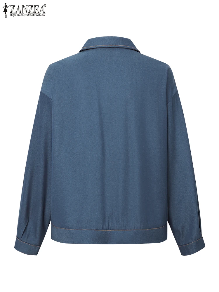 ZANZEA 2025 Vintage Denim Shirts Women Autumn Long Sleeve Blusas Casual Loose Buttons Pockets Tops Korean Lapel Neck Tunic