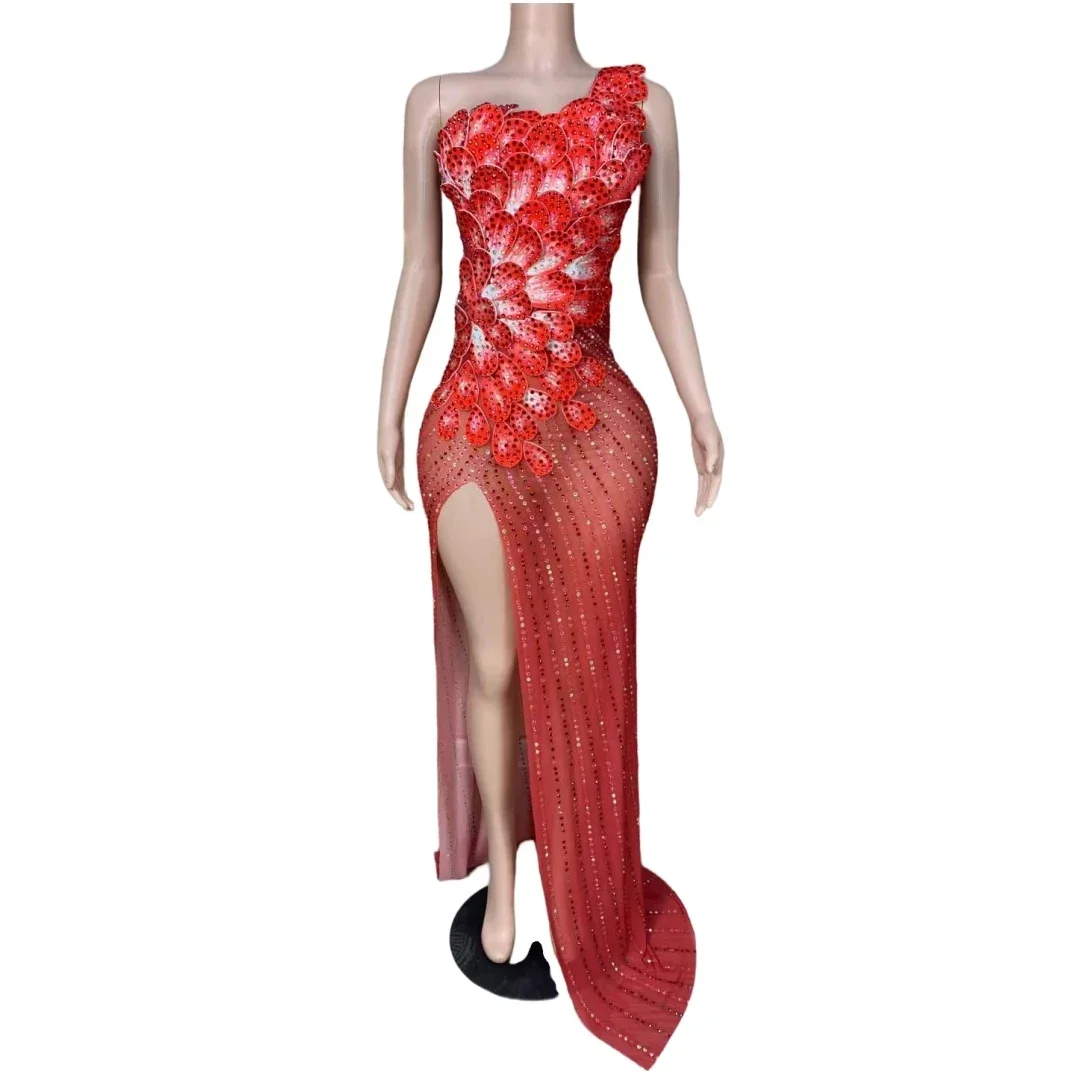 

Sparkly Hot Drilling Process Red Rhinestone Elegant Celebrity Dress For Women Birthday Queen Cheongsam Style Drag Queen Costume