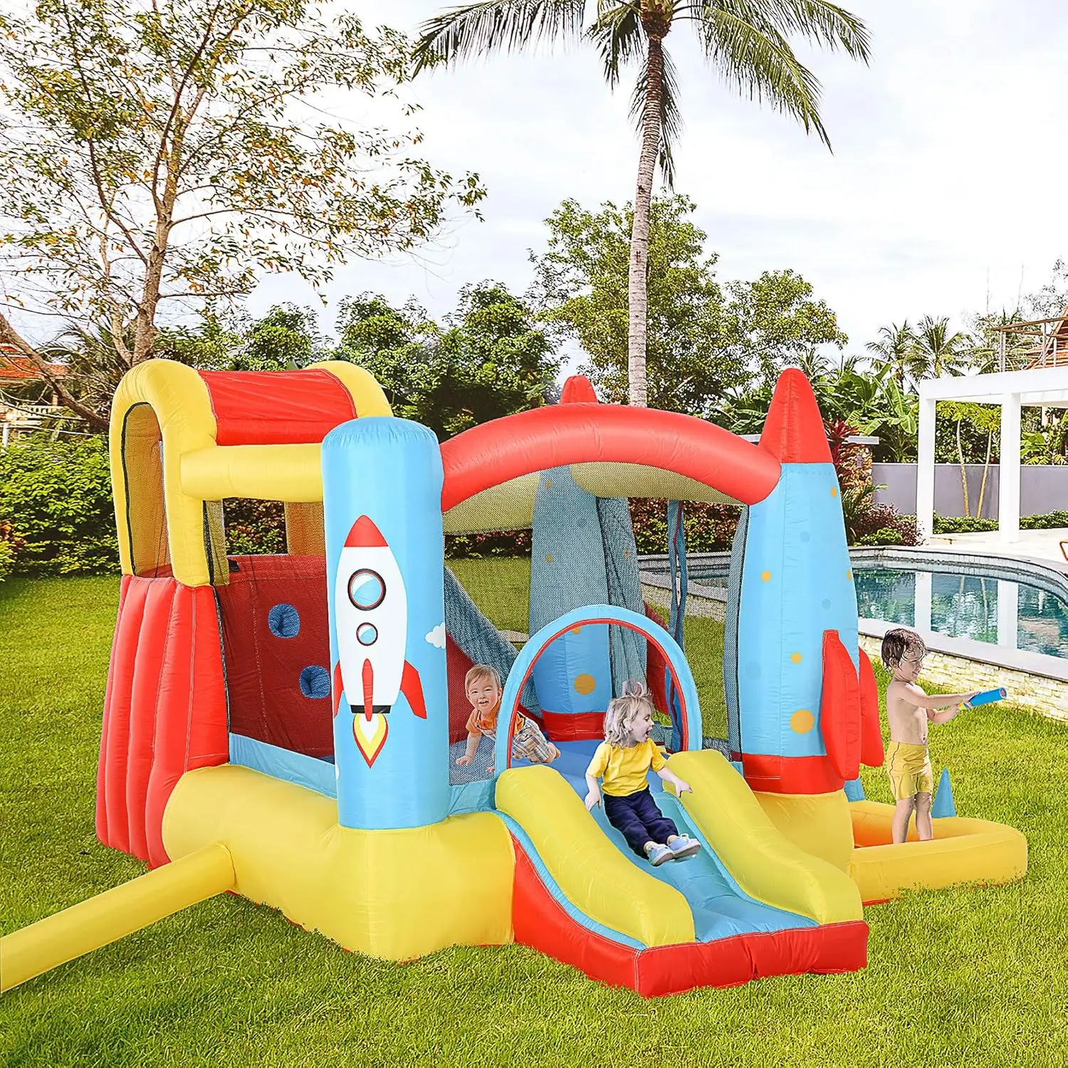 Kids Inflatable Water Slide, 4-in-1 Bounce House Jumping Castle with 2 Slides, Climbing Wall, Trampoline, & Water Pool Area, Air