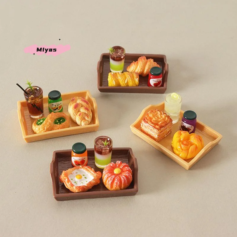 

M-5Pcs Miniature Dollhouse Sumilation Mini Bread Dim Sum Drink With Plate Afternoon Tea Decoration For Kid Pretend Play Toys
