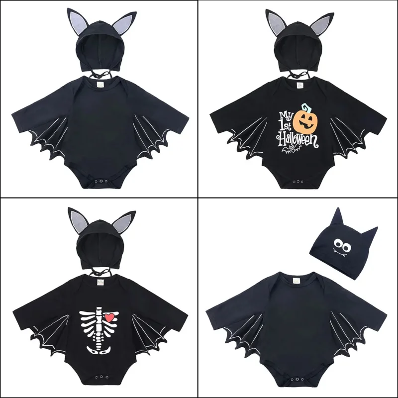 Il primo costume di Halloween del bambino pipistrello nero pagliaccetto tuta infantile ragazzi ragazze Purim festa di carnevale vestito operato cosplay lungo corto