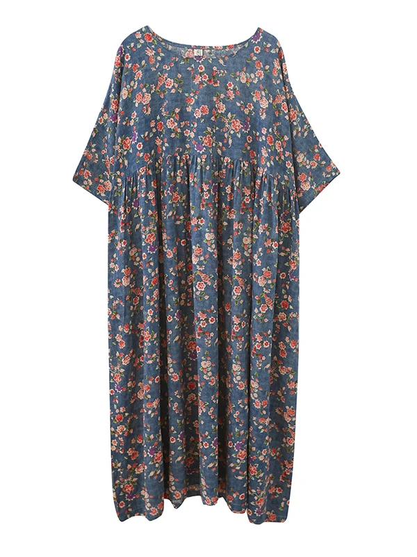 플러스 사이즈 여름 빈티지 프린트 드레스 루즈핏 배 가리는 롱 커뮤트 아트 스타일 레귤러 소재 캐주얼 드레스