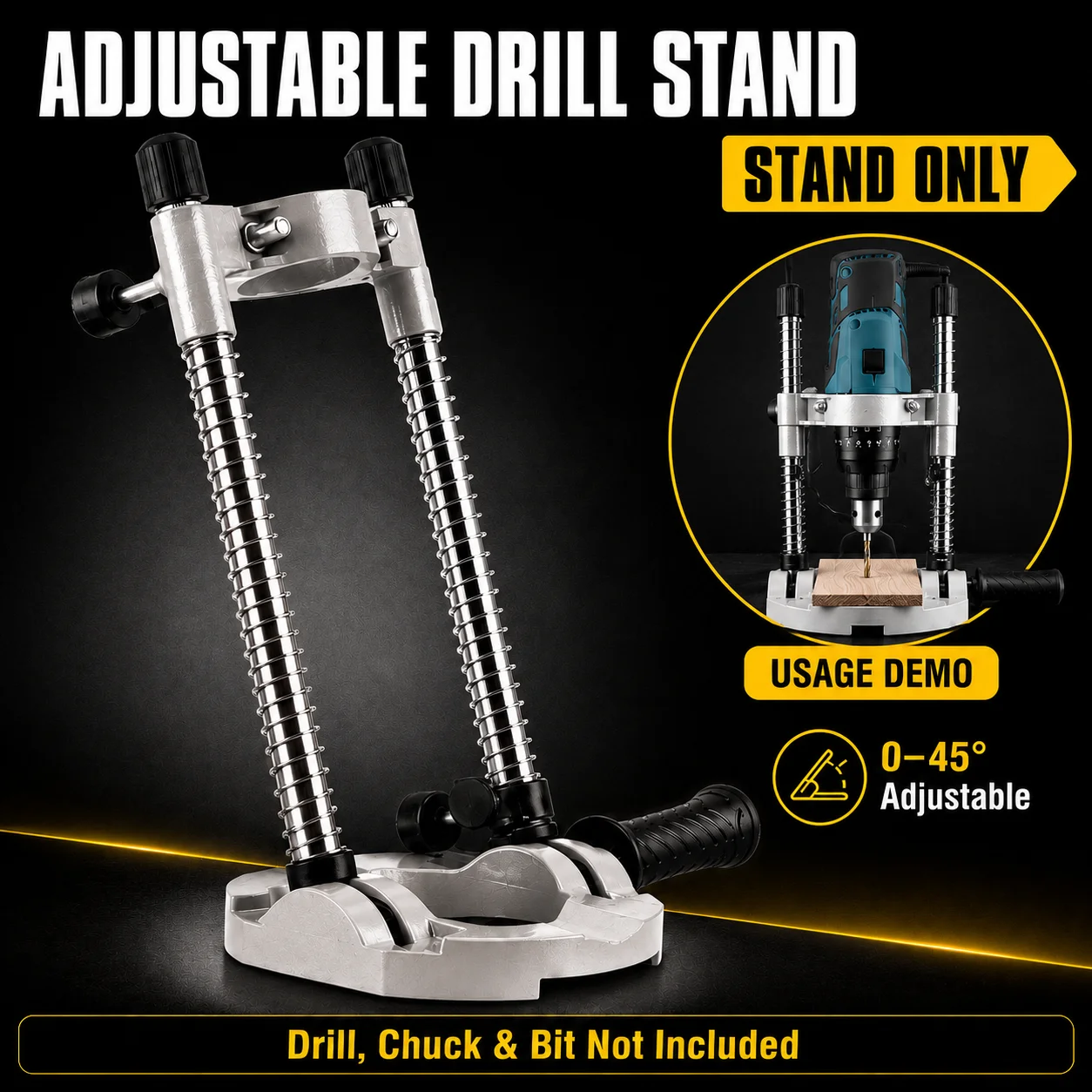 0–45° Adjustable Drill Stand for Electric Drills, Portable Woodworking Drilling Support, Stand Only