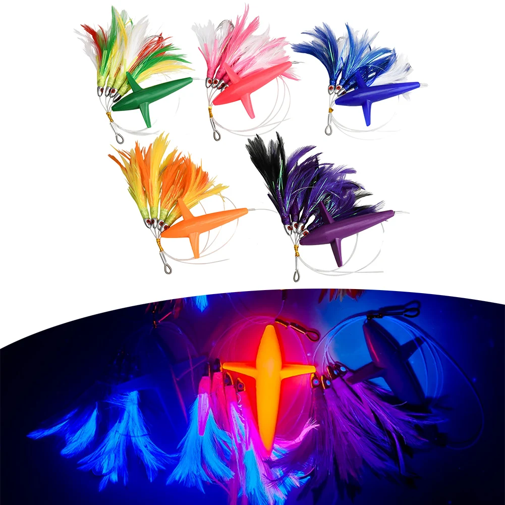 

Приманка для крупной рыбы (тунца) с перьевым троллинговым юбком и стальным крючком, с эффектом УФ-света и усиленным движением вращения.