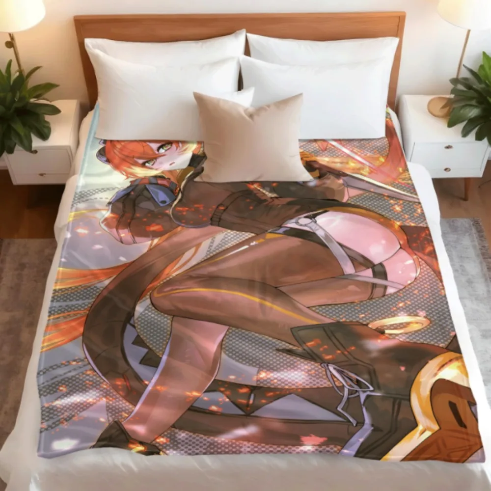 Koleda Anime Cat Girl Print Flannel Blanket Mecha Battle Theme Art Design Lightweight Warm Blanket for Bed Couch Travel