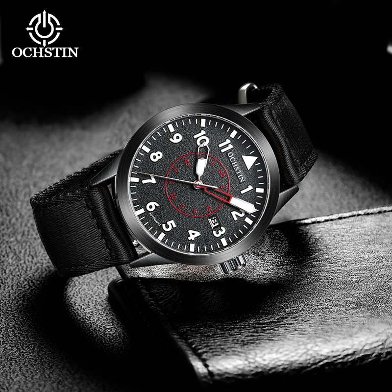 OCHSTIN Man Premium Skeleton Mechanical Wristwatch Men's Waterproof Nylon Strap And Transparent Hardened Mineral Crystal Clock