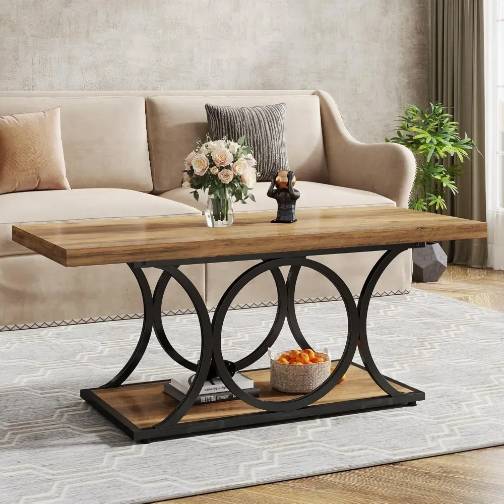 Mesa de centro rústica de granja de 47" - Mesa central rectangular de madera de 2 niveles para sala de estar