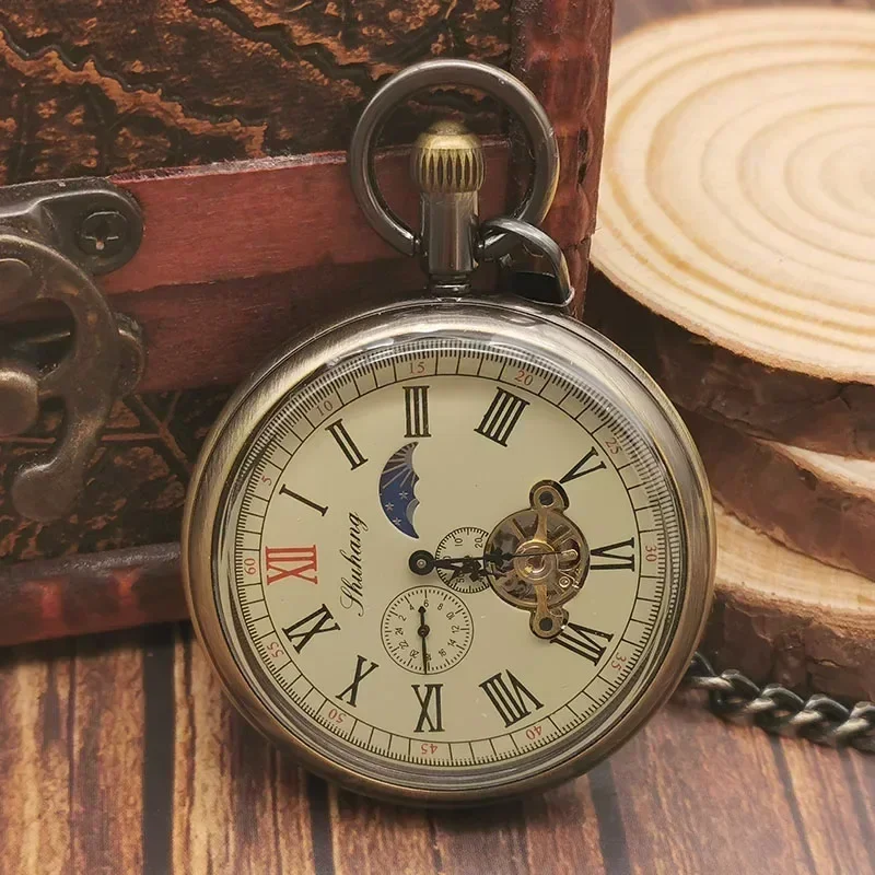 Antique Vintage Chronograph Moon Mechanical Pocket Watches For Men Women Hand Wind Fob Watch Necklace Chain Clock