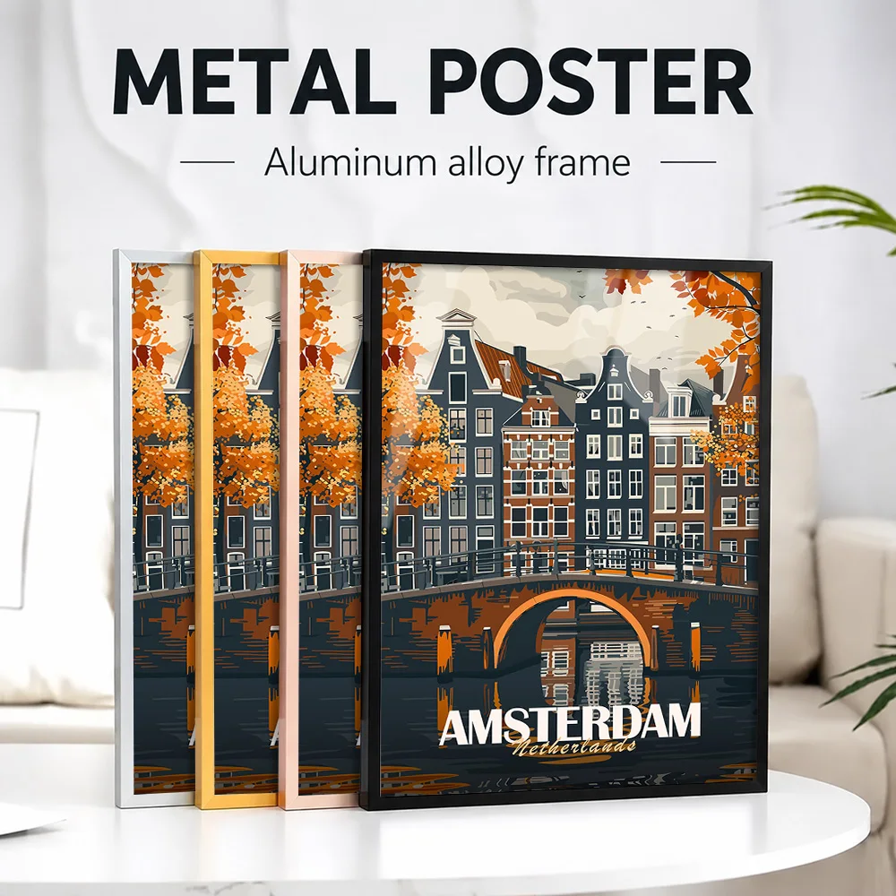 Amsterdam Canal City Travel Framed Metal Print Customized Photo Classic Postcard Style Wall Art For Entryway Housewarming Gift