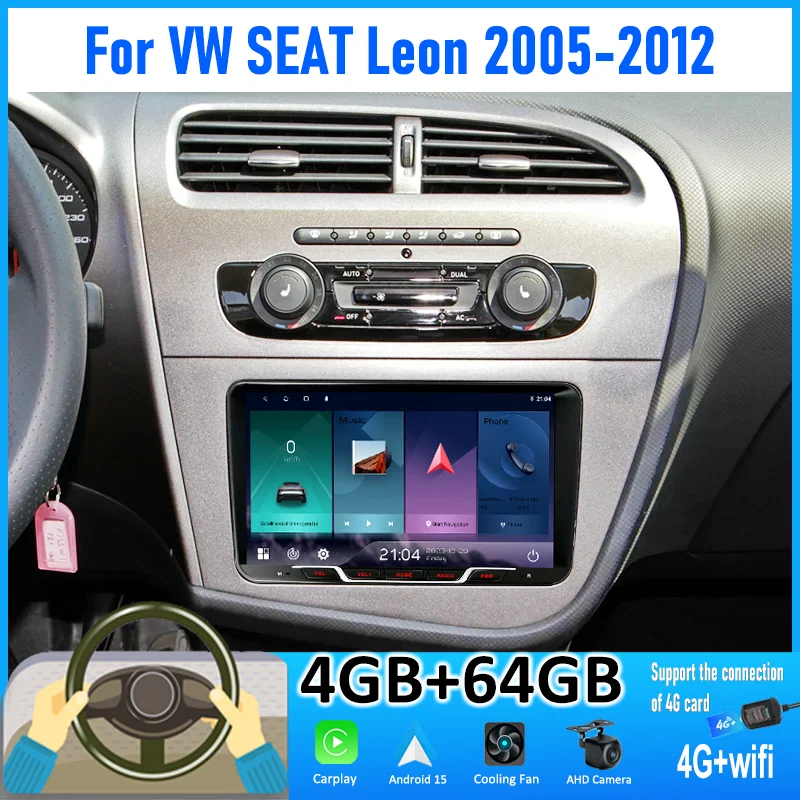 

9-дюймовая автомагнитола Android 15 с 4+64 ГБ памяти для VW SEAT Leon 2005-2012, поддержка беспроводного Apple CarPlay, 4G+WIFI, Canbus