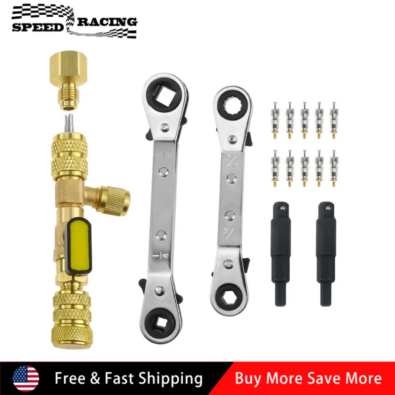 Valve Core Remover Installer Tool & HVAC Service Wrench with Hex Bit Adapter Kit for R22 R12 R407 R410 R404 R32 XLB-1164