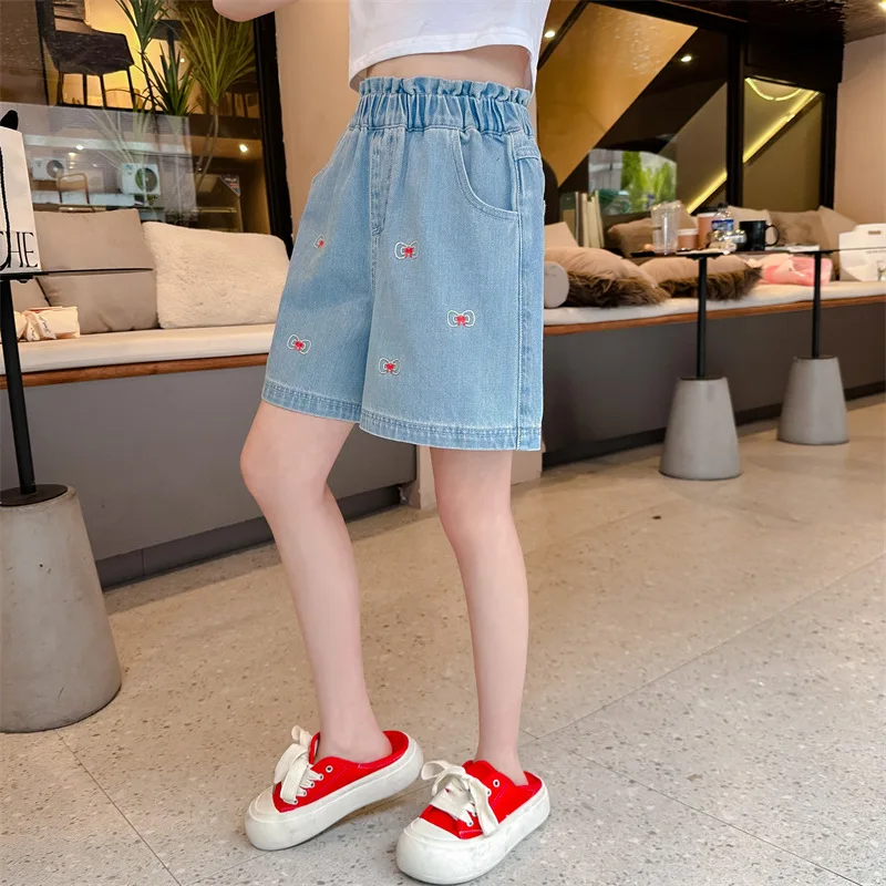 New Summer Girls' Bowknot Shorts Frill Embroidered Loose Breathable Wide Leg Straight Shorts Fashion Casual Shorts 6-15 Years