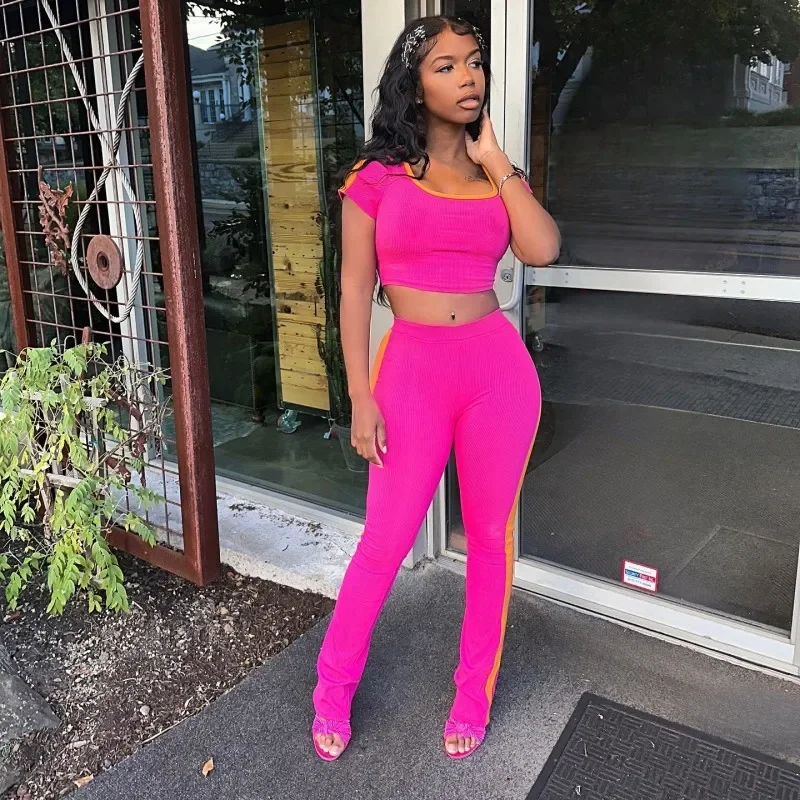 

Контрастный цвет, женский спортивный костюм, Новинка лета 2024, однотонный укороченный топ с коротким рукавом, стройнящие брюки, уличная одежда