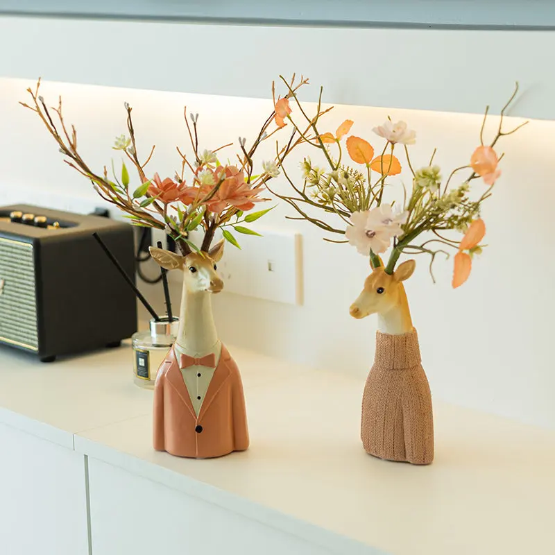Nordic Home Decor A Pair Flower Deer Statue Sculpture Ornament Creative Living Room Homestay Wedding Decoration Wedding Gift