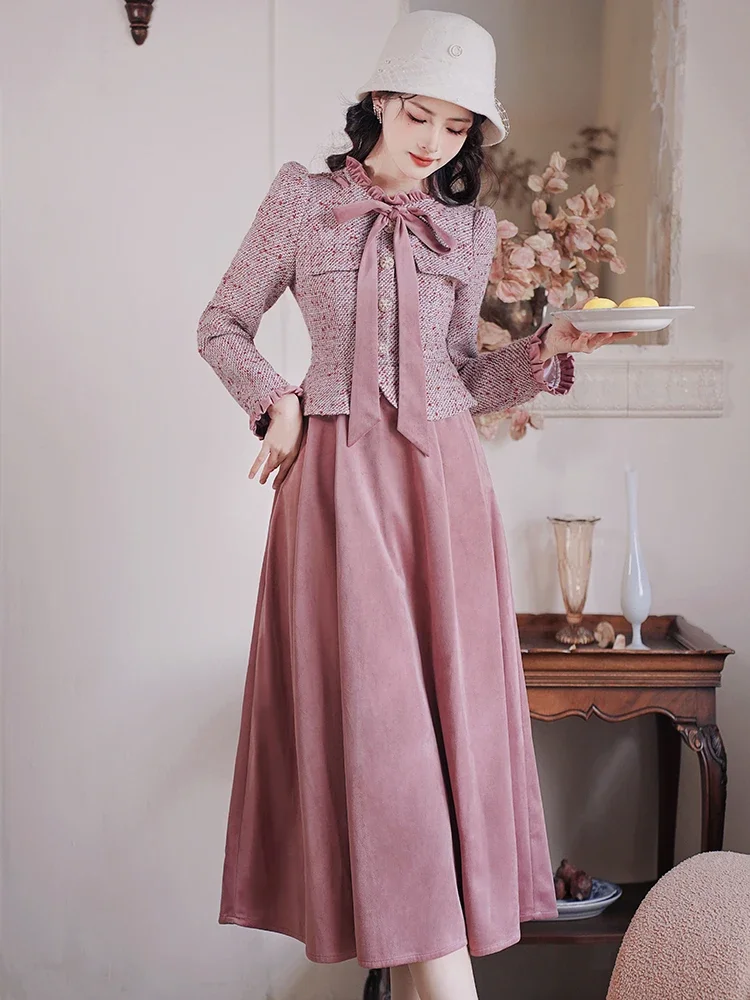 Gaun Retro musim gugur musim dingin untuk wanita mode tambal sulam wol Vintage Ruffle pita Prancis gaun malam elegan Vestidos be mujer