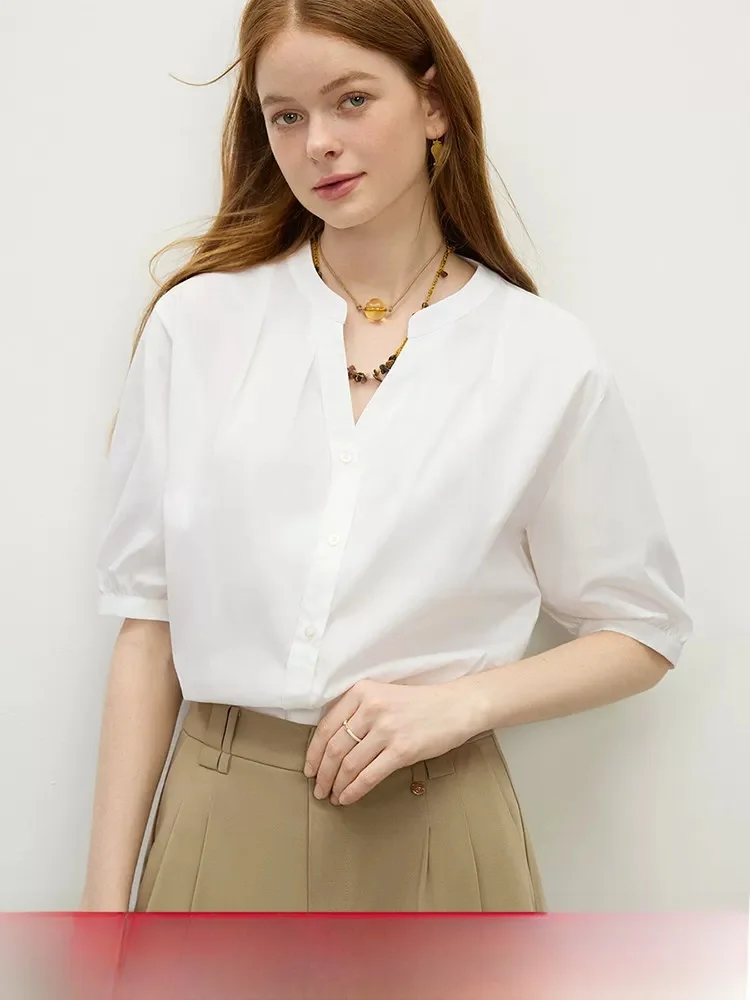 

Elegant Commute Style Pleated Loose Fit round Neck Shirt Women's Summer New Fashion Slimming Top Comfortable Breathable Cotto...