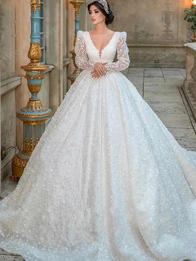 Exquisito Vestido De Novia De Organza con bordado, Vestido De baile con cuentas, mangas abullonadas, cuello en V, Vestido De Novia personalizado