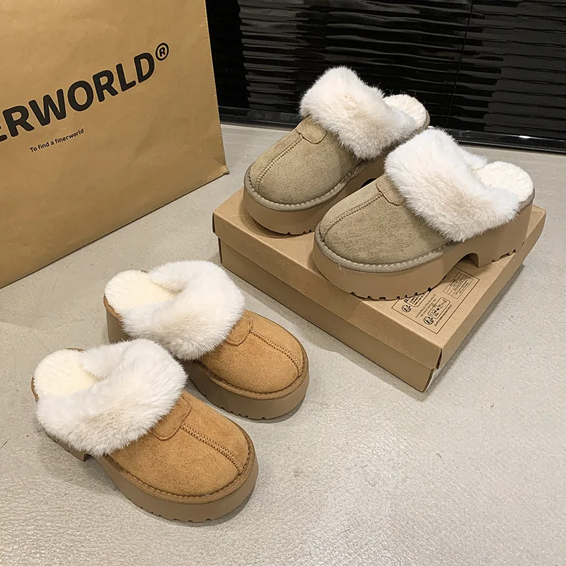 2025 جديد المرأة فروي النعال الشريحة في الهواء الطلق داخلي أحذية منزلية شتاء دافئ أفخم اصطف منصة النعال الأحذية مع نعل سميك #3