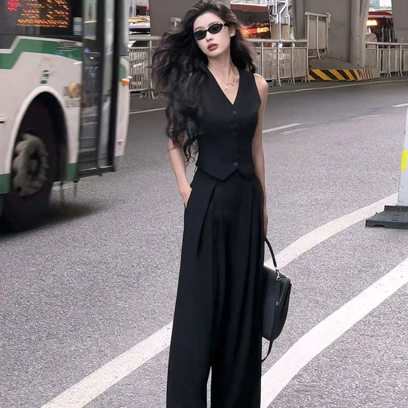 

Korean Fashion Temperament Set 2024 Summer Single-breasted Sleeveless Vest High Waist Thin Matching Wide Leg Pants Female Tide