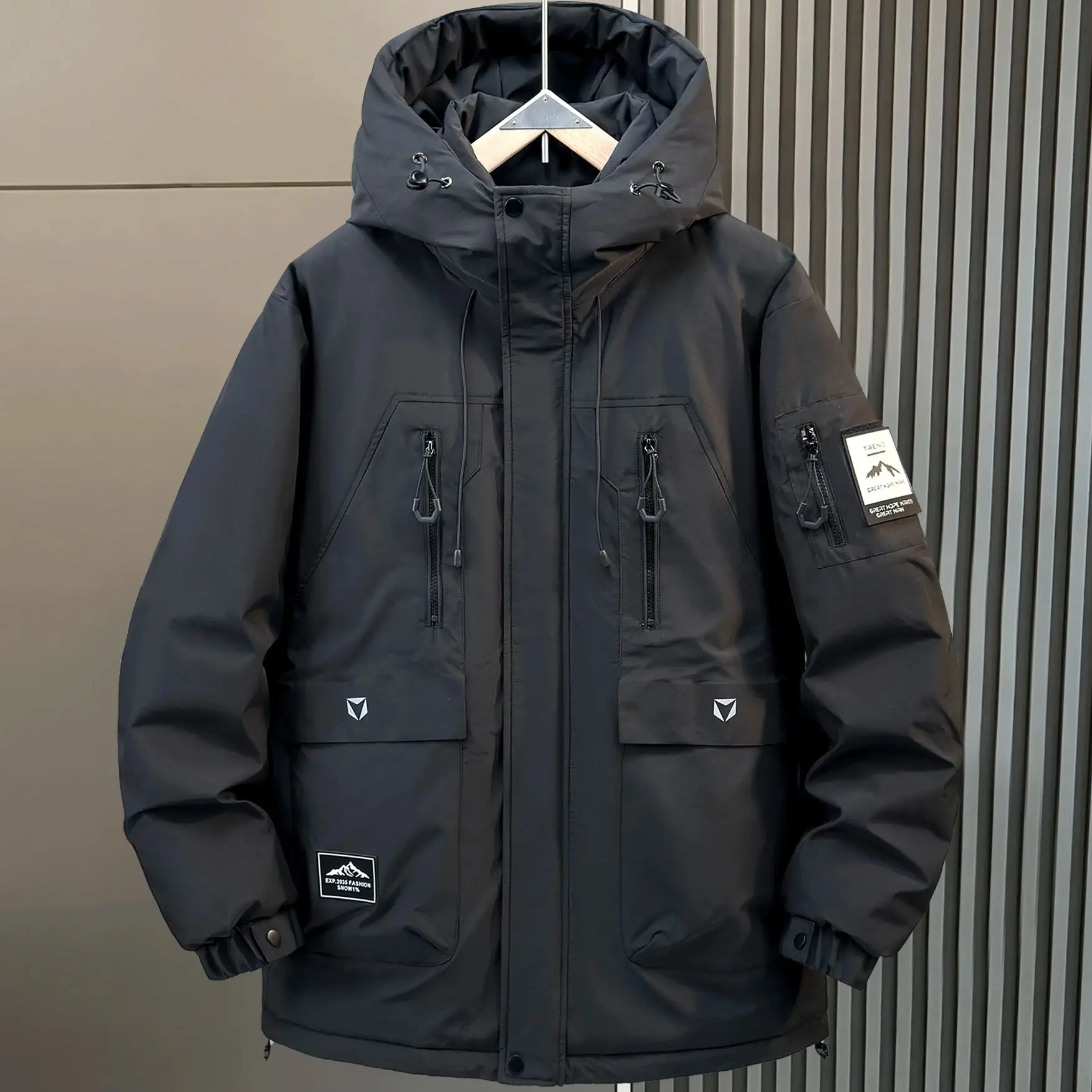 شتاء جديد الرجال عارضة أسفل سترة الكورية مقنعين فضفاضة تناسب سميكة زائد حجم معطف #6