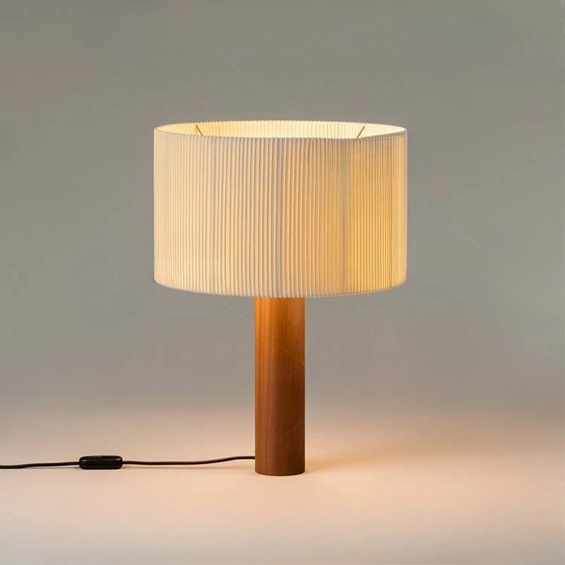 

Nordic Retro Cylindrical Wooden LED Table Lamps Rotundity Fabric Lampshade Living Room Bedroom Hotel Restaurant Study Desk Light