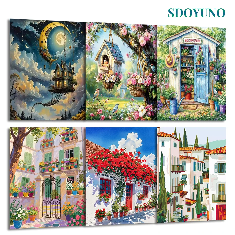 

SDOYUNO Painting By Number Adults New Art Supplies house Landscape Framed Wall Art Modern Acrylic Paints Color Markers Drawing