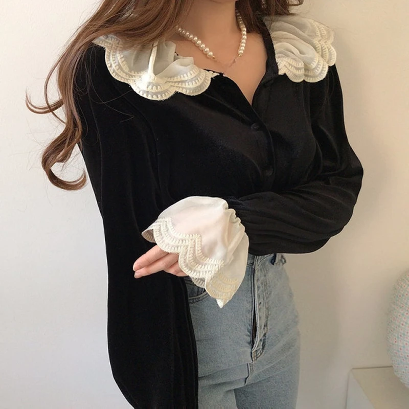 Lace Peter Pan Collar 2024 Woman Shirts & Blouses Velvet Blusas Flare Long Sleeve Camisas Niche Ropa Mujer Spring Autumn Tops