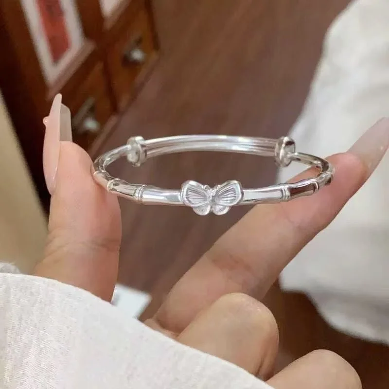 Elegant 999 Pure Silver Bamboo Bangle Adjustable Women Jewelry Gift