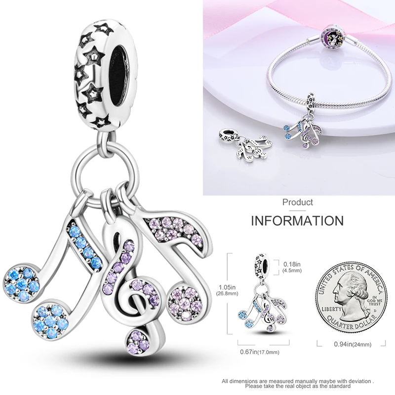 2026 Neuer Musik-Charm aus 925 Sterling Silber, Musiknoten-, Kopfhörer- und Gitarren-Anhänger, passend für europäische Armbänder, DIY-Geschenk für Frauen – Detail 6