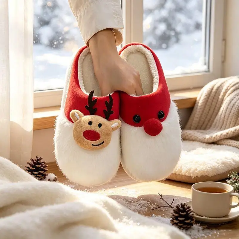 Niedliche Elch-Plüsch-Hausschuhe für Paare, warme Weihnachts-Hausschuhe für drinnen, Wintertrend 2026, bequeme dicke Sohle, Baumwollschuhe für Damen – Detail 7