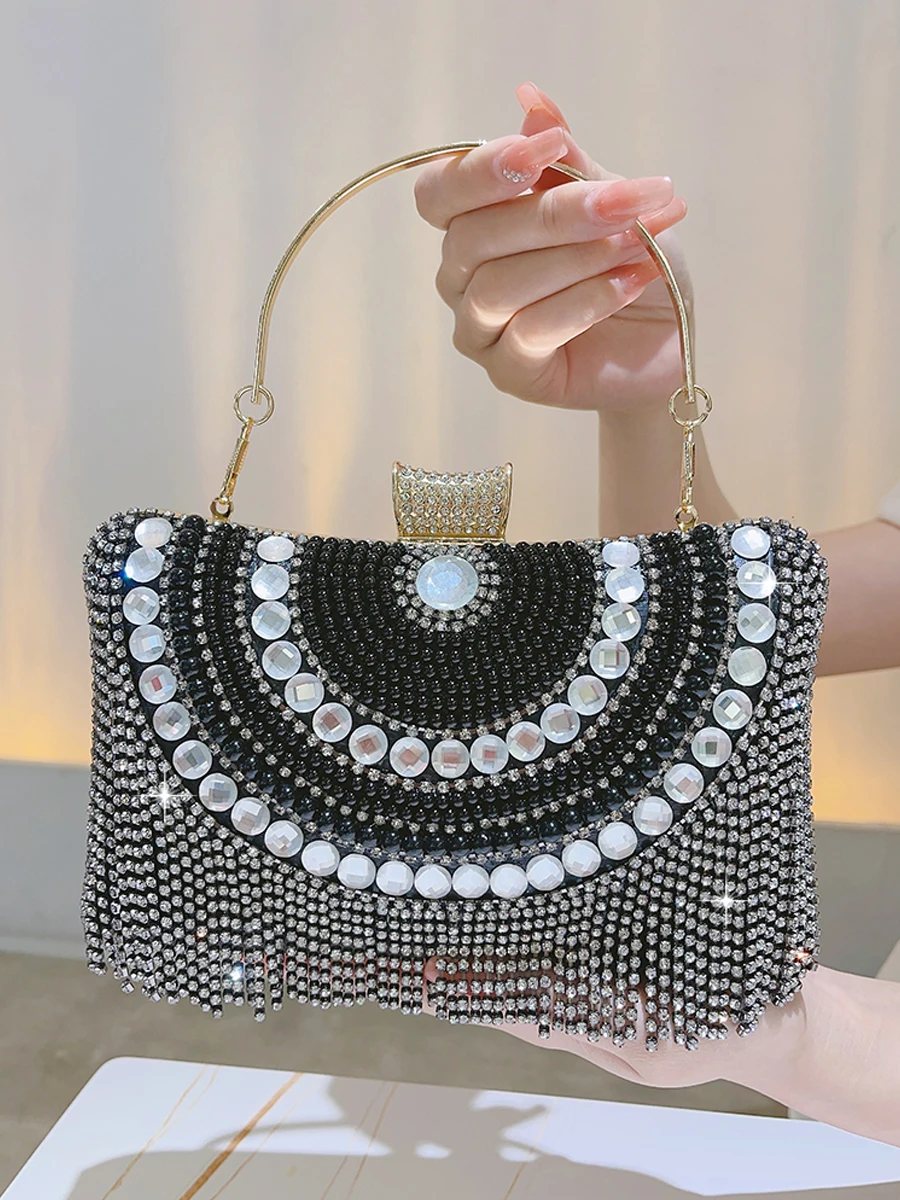 Luxury Rhinestone Fringe Upscale Portable Dinner Bag Crystal Jewelry Purse Glitter Clutch Gold Silver Black