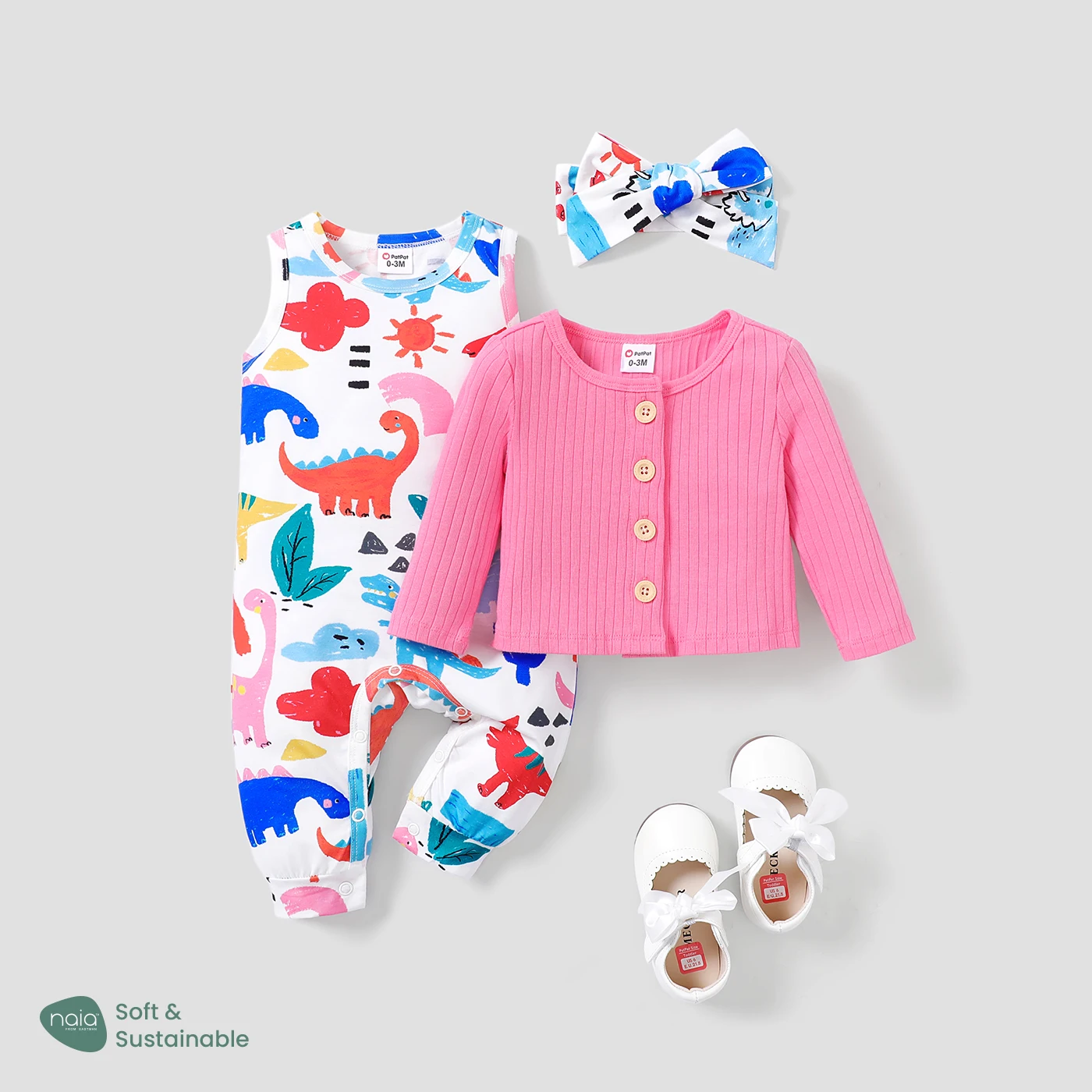 

PatPat 3pcs Baby Girl Naia Childlike Style Animal Dinosaur Pattern Jumpsuit Set