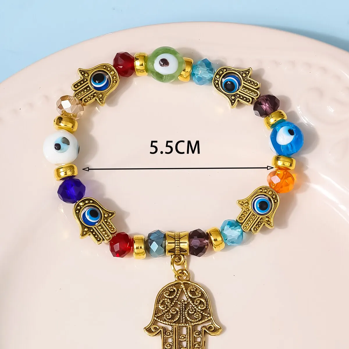Blue Gold Accessory Devil\'s Eye Fatima Hands Crystal Metallic Palm Pendant Personality Bracelet