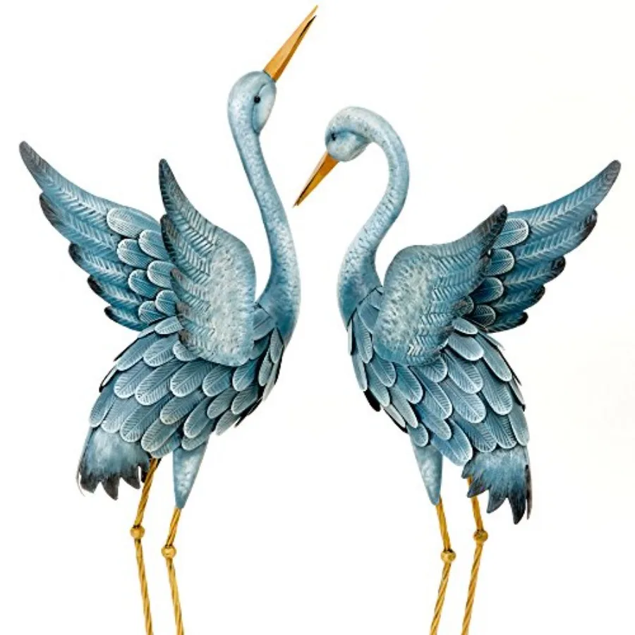 

Japanese Blue Heron Metal Sculpture Set - Two Standing Cranes for Garden Decor - Outdoor Lawn and Patio Metal Art in Blue Perfe